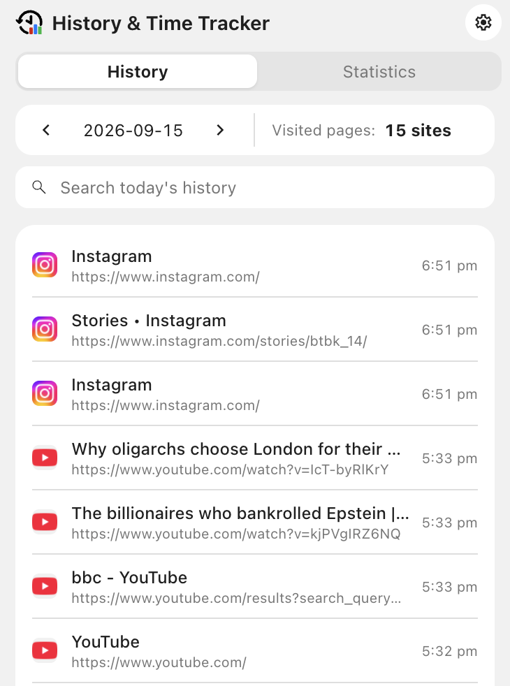 History page in the extension popup